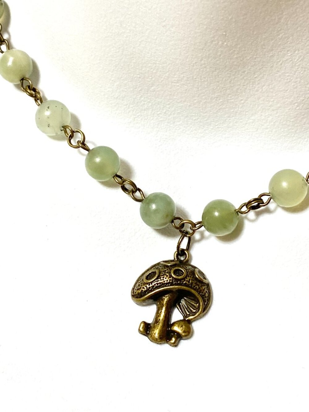 Mint Green Serpentine Short Necklace, Gemstone &Bronze Round Mushroom Charm